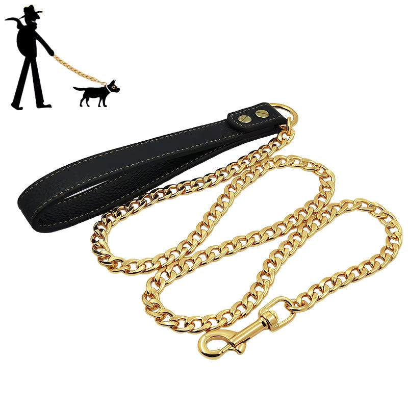 Gold Dog Leash Stainless Steel Pet Weld Chain Strong Metal Dog Lead Chain for Small Medium Large Dog Bichon Frise Dobermann