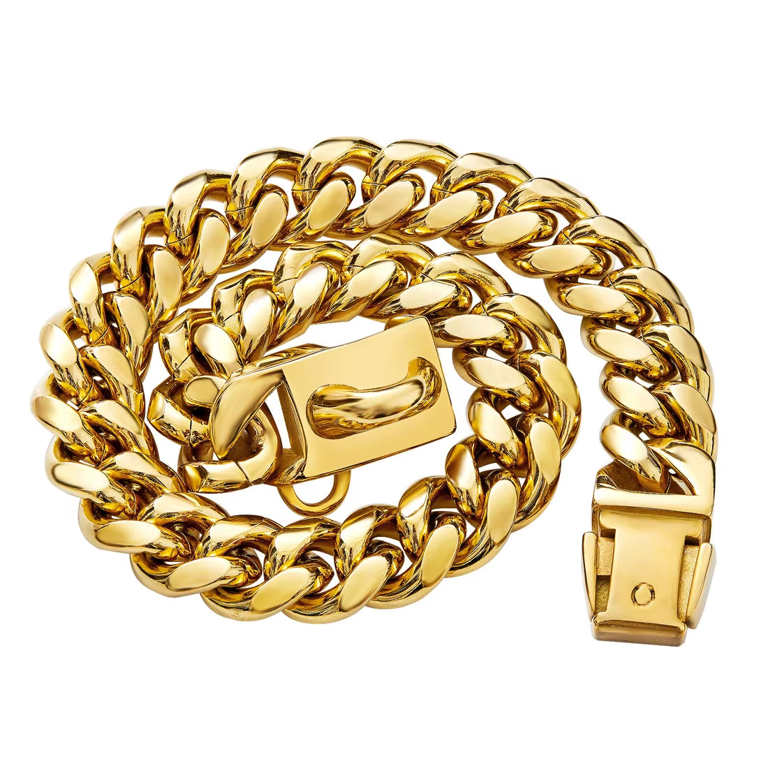 14Mm Stainless Steel Dog Collar Chain Large Gold Cuban Links Rhodium Plated Zircon for Medium Small Dog Walking Great Gift Idea